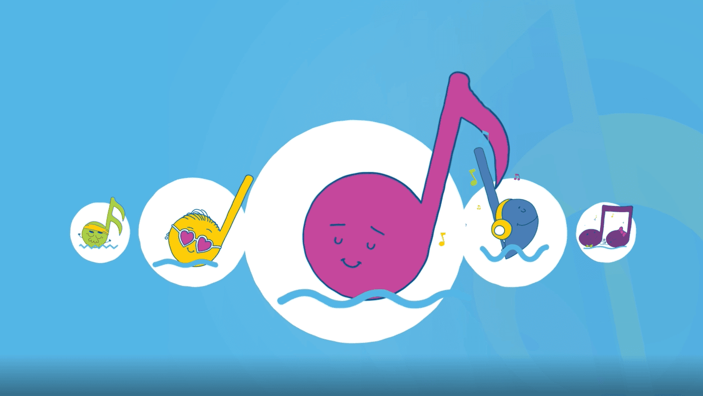 A screenshot from the mindfulness animation showing a cartoon music note relaxing.