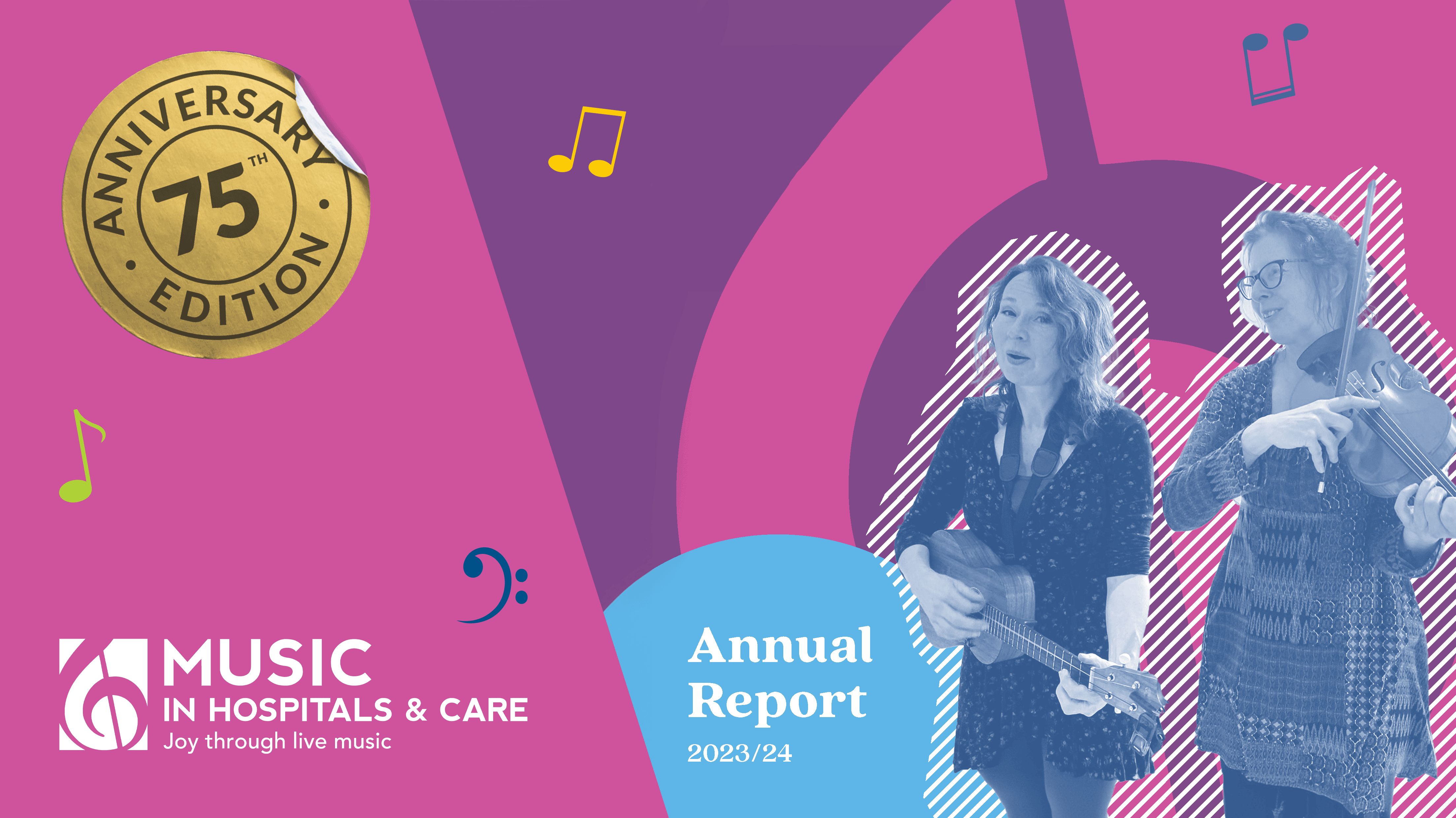 Image showing the cover of Music in Hospitals & Care's annual report. Two women musicians playing a guitar and violin alongside the charity's logo and a 75th anniversary edition sticker.