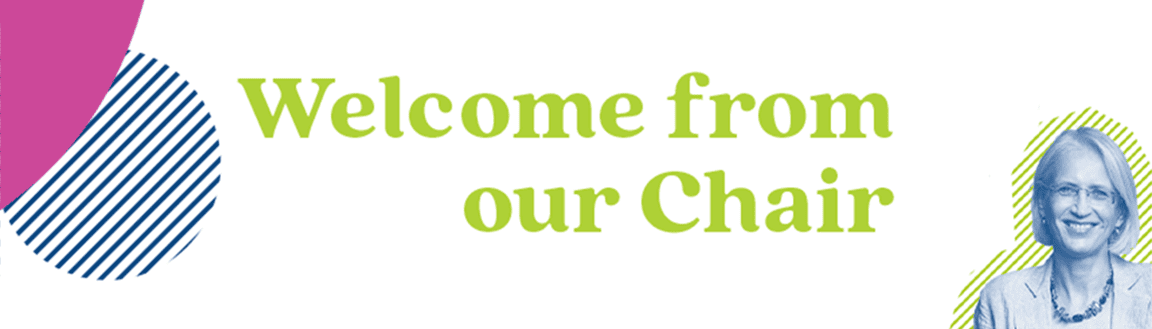 Banner with the text 'Welcome from our Chair' and an image of Music in Hospitals & Care's Chair Maureen Hall.
