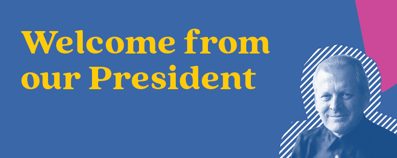 Banner with the text 'Welcome from our President' and an image of Music in Hospitals & Care's president Sir Thomas Allen.