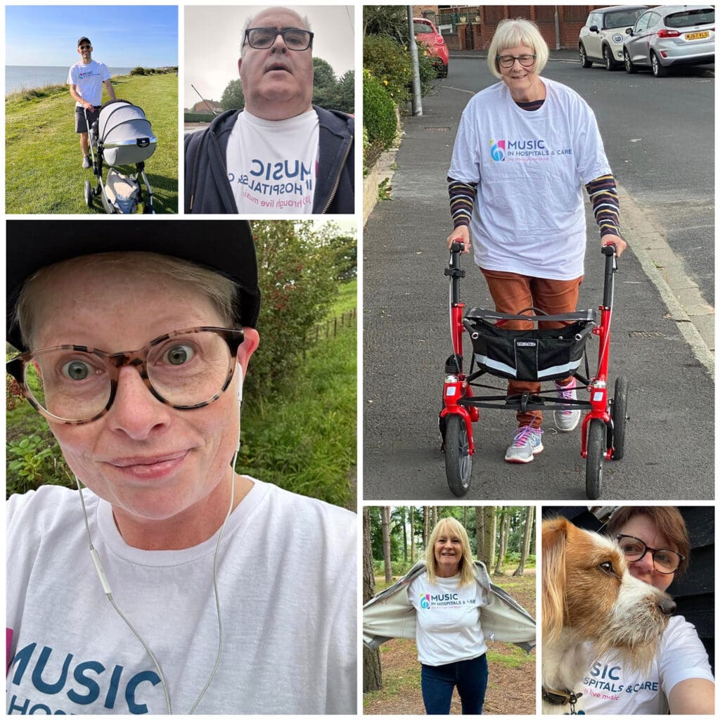 A montage of people wearing Music in Hospitals & Care t shirts completing the 75 miles challenge.