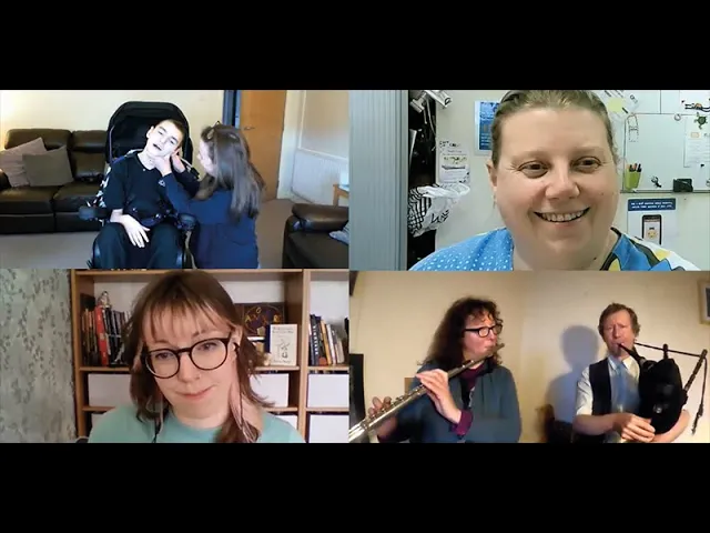 Musicians and participants taking part in a virtual Music in Hospitals & Care session, sharing live music and smiles over video call.