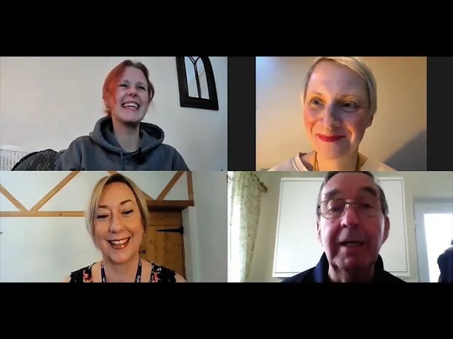 Musicians and participants taking part in a virtual Music in Hospitals & Care session, sharing live music and smiles over video call.